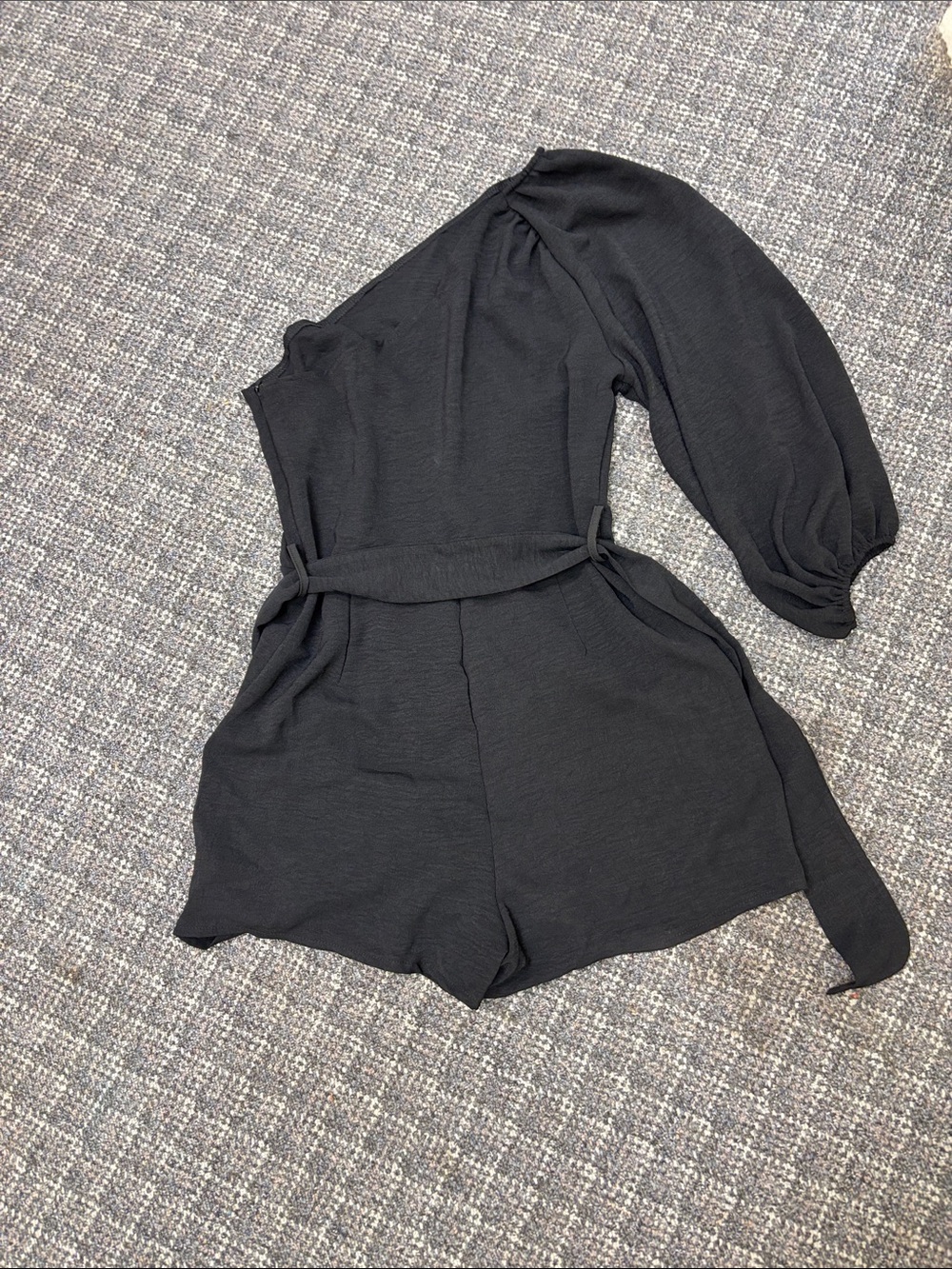 Asymmetrical One-Shoulder Black Dress with Belt
